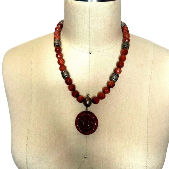 Brown Sparkling Beads W.Rose Stone Carving Necklace Classic Career Cosplay Boho - Picture 1 of 3